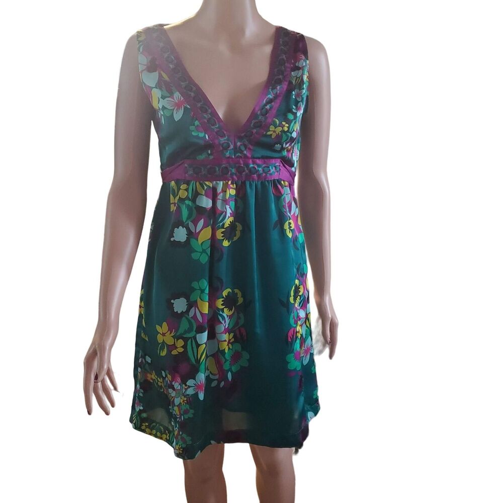 H&M Dark Green Fuchsia Floral Empire Waist Dress Size 4 FLAW Romantic Boho